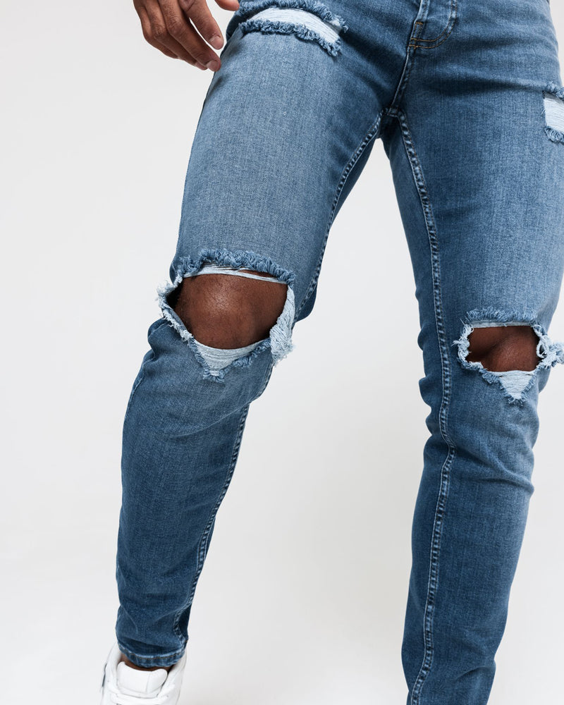 Blown Knee Skinny Jeans - Blue Wash