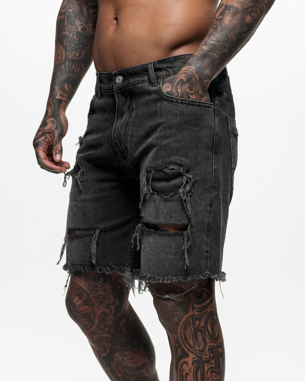 Relaxed Fit Ripped Denim Shorts - Black