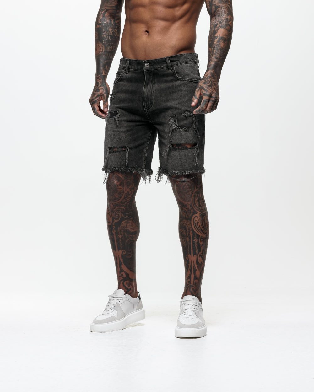 Relaxed Fit Ripped Denim Shorts - Black