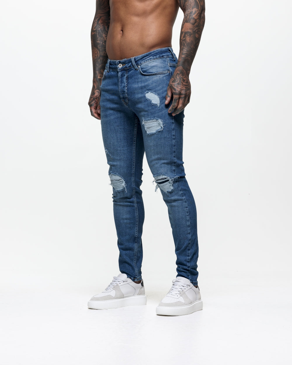 Ripped Repaired Skinny Jeans Blue Wash - Main Image