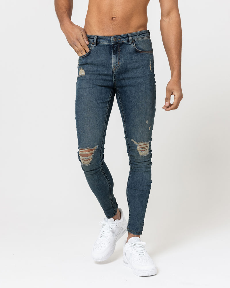 Super Skinny Spray On Jeans – Vintage Blue Ripped &amp; Repaired