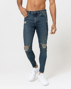 Super Skinny Spray On Jeans Vintage Blue Ripped Repaired